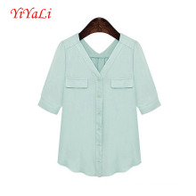 Women Fashion V Neck Chiffon Short Sleeve T-Shirt